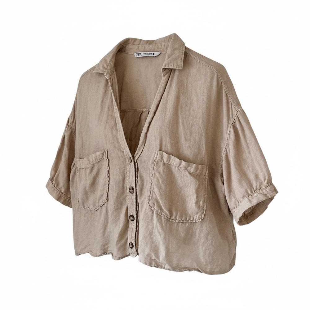 Zara 100% Linen Women’s Tortoise Button-up Blouse, Color Oatmeal Beige Size S